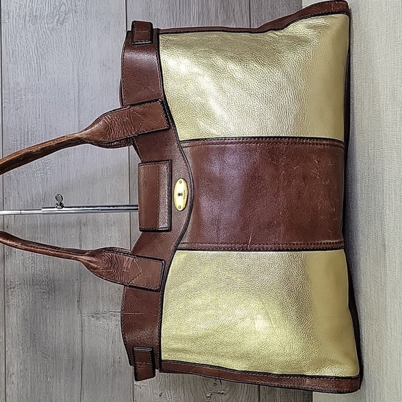 Fossil Reissue Brown Gold Weekender Bag Tote Shoulder Bag - Picture 5 of 15